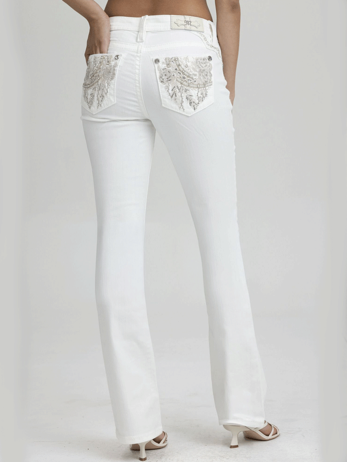 Miss Me M9605B Womens Mid Rise Boot Jeans White back view. If you need any assistance with this item or the purchase of this item please call us at five six one seven four eight eight eight zero one Monday through Saturday 10:00a.m EST to 8:00 p.m EST