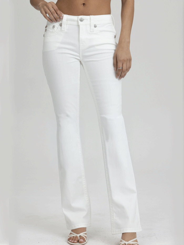 Miss Me M9605B Womens Mid Rise Boot Jeans White back view. If you need any assistance with this item or the purchase of this item please call us at five six one seven four eight eight eight zero one Monday through Saturday 10:00a.m EST to 8:00 p.m EST