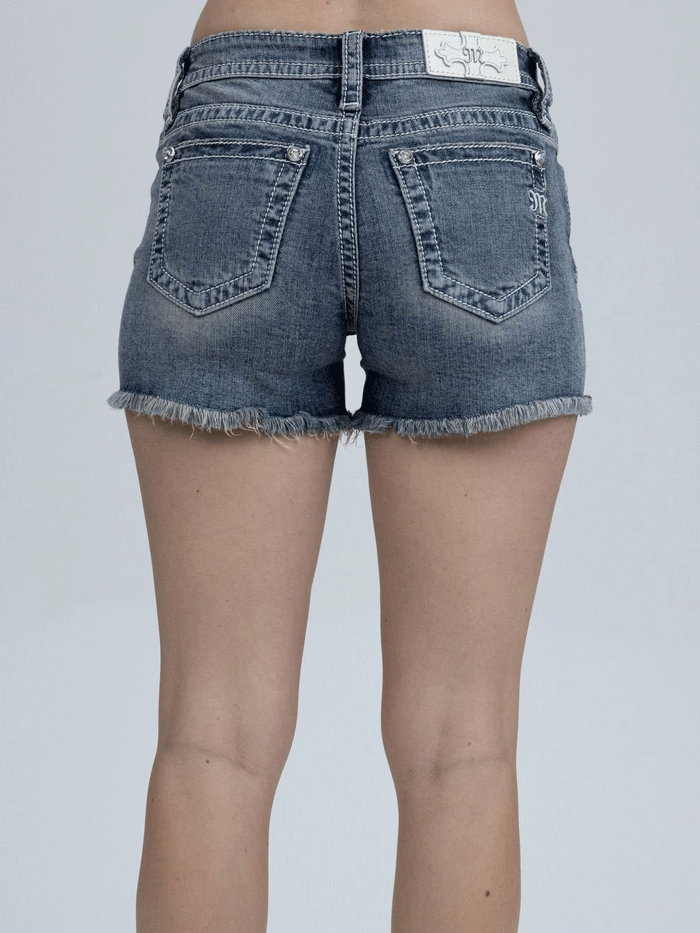 Miss Me M9606H Womens Dilrose Crystal Horse Shorts Medium Wash front view. If you need any assistance with this item or the purchase of this item please call us at five six one seven four eight eight eight zero one Monday through Saturday 10:00a.m EST to 8:00 p.m EST