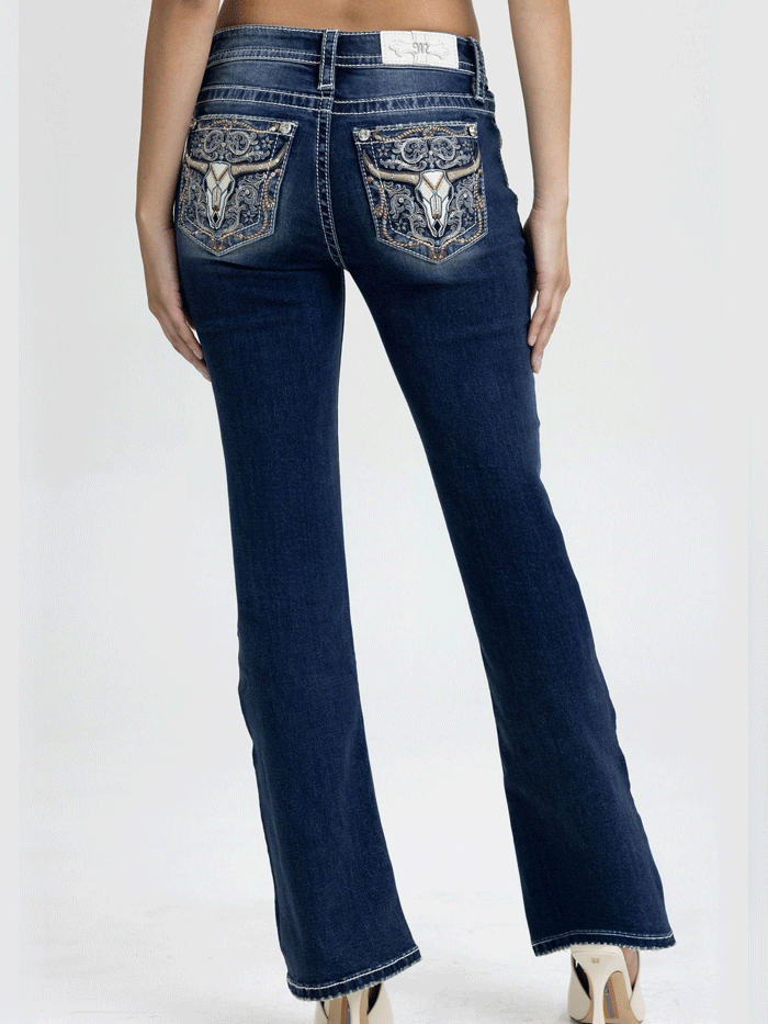 Miss Me M9610B Womens Mid Rise Bootcut Jean Dark Wash close up. If you need any assistance with this item or the purchase of this item please call us at five six one seven four eight eight eight zero one Monday through Saturday 10:00a.m EST to 8:00 p.m EST