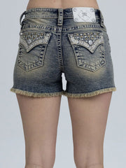 Miss Me M9620H Womens Savannah Studded Shorts Vintage Blue back view. If you need any assistance with this item or the purchase of this item please call us at five six one seven four eight eight eight zero one Monday through Saturday 10:00a.m EST to 8:00 p.m EST