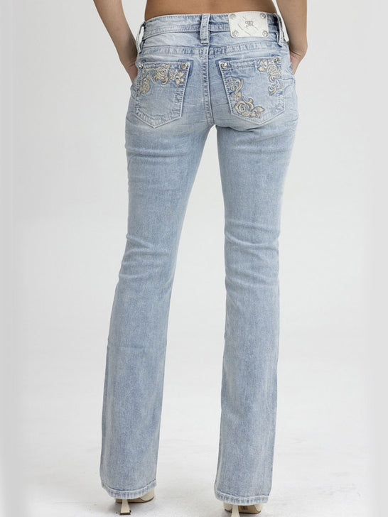 Miss Me M9622B Womens Embroidered Mid Rise Bootcut Jean Light Blue back view. If you need any assistance with this item or the purchase of this item please call us at five six one seven four eight eight eight zero one Monday through Saturday 10:00a.m EST to 8:00 p.m EST