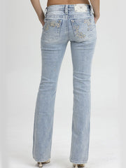 Miss Me M9622B Womens Embroidered Mid Rise Bootcut Jean Light Blue back view. If you need any assistance with this item or the purchase of this item please call us at five six one seven four eight eight eight zero one Monday through Saturday 10:00a.m EST to 8:00 p.m EST