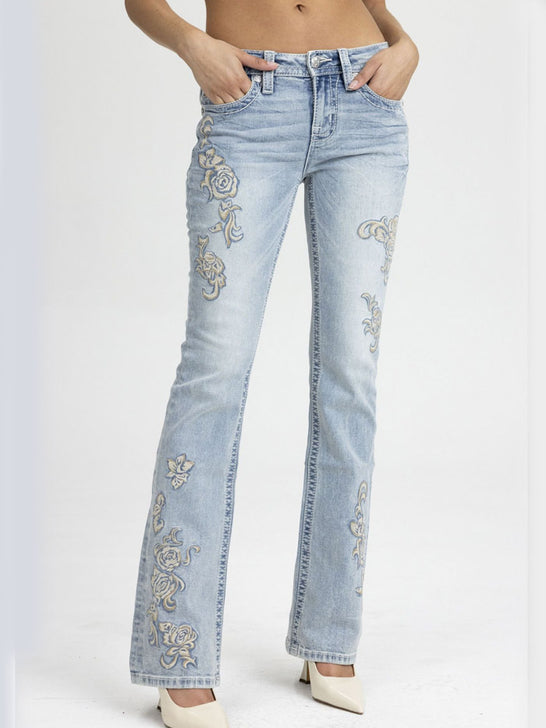 Miss Me M9622B Womens Embroidered Mid Rise Bootcut Jean Light Blue front view. If you need any assistance with this item or the purchase of this item please call us at five six one seven four eight eight eight zero one Monday through Saturday 10:00a.m EST to 8:00 p.m EST

