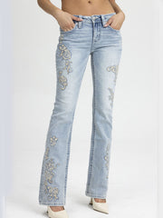 Miss Me M9622B Womens Embroidered Mid Rise Bootcut Jean Light Blue front view. If you need any assistance with this item or the purchase of this item please call us at five six one seven four eight eight eight zero one Monday through Saturday 10:00a.m EST to 8:00 p.m EST
