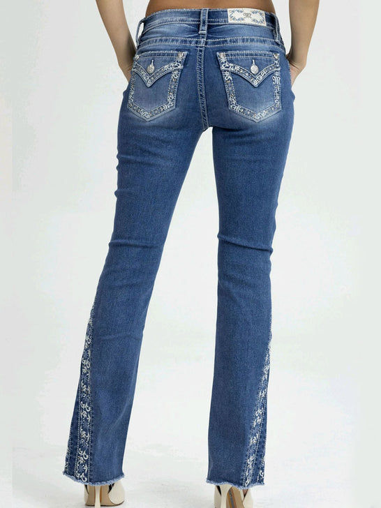 Miss Me M9623BV Womens Mid Rise Bootcut Jeans Medium Blue back view. If you need any assistance with this item or the purchase of this item please call us at five six one seven four eight eight eight zero one Monday through Saturday 10:00a.m EST to 8:00 p.m EST