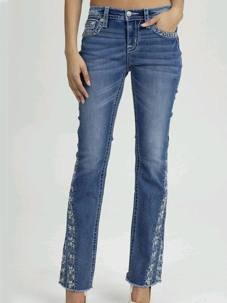 Miss Me M9623BV Womens Mid Rise Bootcut Jeans Medium Blue front view. If you need any assistance with this item or the purchase of this item please call us at five six one seven four eight eight eight zero one Monday through Saturday 10:00a.m EST to 8:00 p.m EST