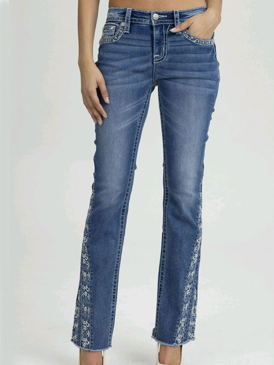 Miss Me M9623BV Womens Mid Rise Bootcut Jeans Medium Blue front view. If you need any assistance with this item or the purchase of this item please call us at five six one seven four eight eight eight zero one Monday through Saturday 10:00a.m EST to 8:00 p.m EST