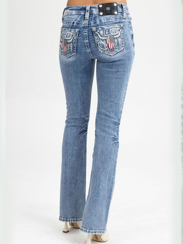 Miss Me M9624B Womens Mid Rise Bootcut Jeans Medium Blue front view. If you need any assistance with this item or the purchase of this item please call us at five six one seven four eight eight eight zero one Monday through Saturday 10:00a.m EST to 8:00 p.m EST