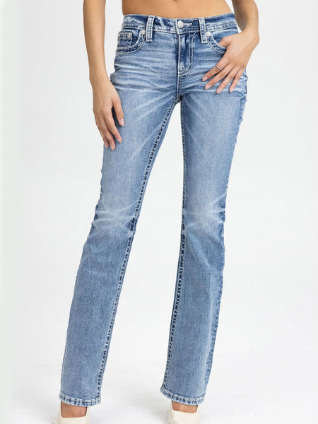 Miss Me M9624B Womens Mid Rise Bootcut Jeans Medium Blue front view. If you need any assistance with this item or the purchase of this item please call us at five six one seven four eight eight eight zero one Monday through Saturday 10:00a.m EST to 8:00 p.m EST