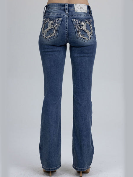 Miss Me M9627BL Womens Mid Rise Bootcut Jeans Medium Blue back view. If you need any assistance with this item or the purchase of this item please call us at five six one seven four eight eight eight zero one Monday through Saturday 10:00a.m EST to 8:00 p.m EST