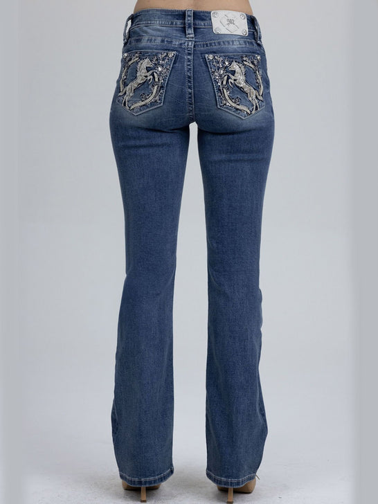 Miss Me M9627BL Womens Mid Rise Bootcut Jeans Medium Blue back view. If you need any assistance with this item or the purchase of this item please call us at five six one seven four eight eight eight zero one Monday through Saturday 10:00a.m EST to 8:00 p.m EST