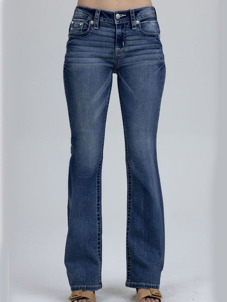 Miss Me M9627BL Womens Mid Rise Bootcut Jeans Medium Blue front view. If you need any assistance with this item or the purchase of this item please call us at five six one seven four eight eight eight zero one Monday through Saturday 10:00a.m EST to 8:00 p.m EST