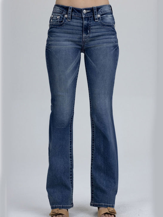 Miss Me M9627BL Womens Mid Rise Bootcut Jeans Medium Blue front view. If you need any assistance with this item or the purchase of this item please call us at five six one seven four eight eight eight zero one Monday through Saturday 10:00a.m EST to 8:00 p.m EST