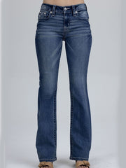 Miss Me M9627BL Womens Mid Rise Bootcut Jeans Medium Blue front view. If you need any assistance with this item or the purchase of this item please call us at five six one seven four eight eight eight zero one Monday through Saturday 10:00a.m EST to 8:00 p.m EST