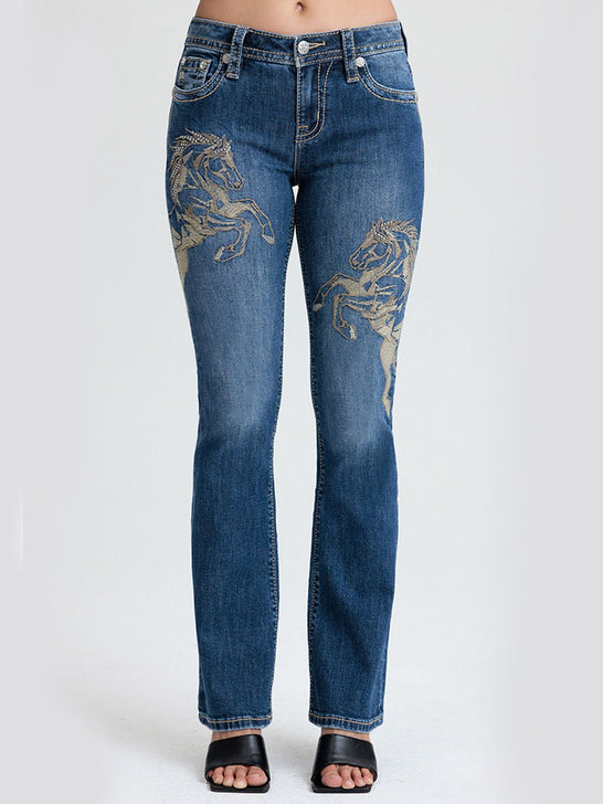 Miss Me M9653B2 Womens Mid Rise Bootcut Jeans Medium Blue front view. If you need any assistance with this item or the purchase of this item please call us at five six one seven four eight eight eight zero one Monday through Saturday 10:00a.m EST to 8:00 p.m EST