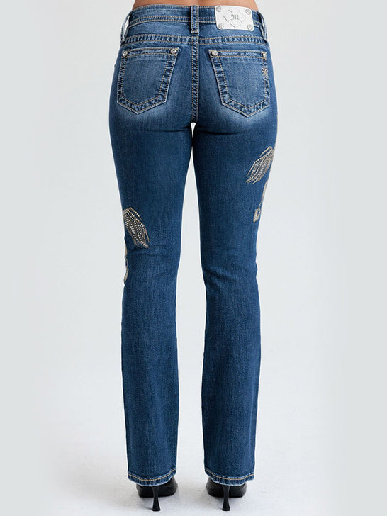 Miss Me M9653B2 Womens Mid Rise Bootcut Jeans Medium Blue back view. If you need any assistance with this item or the purchase of this item please call us at five six one seven four eight eight eight zero one Monday through Saturday 10:00a.m EST to 8:00 p.m EST