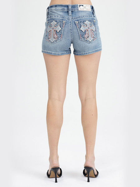 Miss Me M9661H Womens Mid Raise Denim Shorts Light Wash back view. If you need any assistance with this item or the purchase of this item please call us at five six one seven four eight eight eight zero one Monday through Saturday 10:00a.m EST to 8:00 p.m EST
