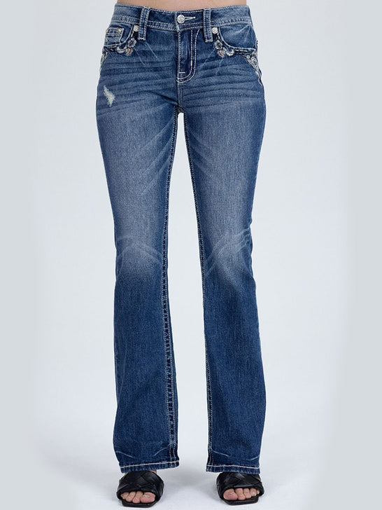 Miss Me M9681B Womens Mid Rise Bootcut Jeans Medium Blue front view. If you need any assistance with this item or the purchase of this item please call us at five six one seven four eight eight eight zero one Monday through Saturday 10:00a.m EST to 8:00 p.m EST