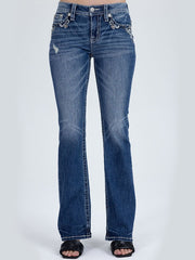 Miss Me M9681B Womens Mid Rise Bootcut Jeans Medium Blue front view. If you need any assistance with this item or the purchase of this item please call us at five six one seven four eight eight eight zero one Monday through Saturday 10:00a.m EST to 8:00 p.m EST