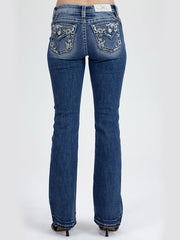 Miss Me M9681B Womens Mid Rise Bootcut Jeans Medium Blue back view. If you need any assistance with this item or the purchase of this item please call us at five six one seven four eight eight eight zero one Monday through Saturday 10:00a.m EST to 8:00 p.m EST