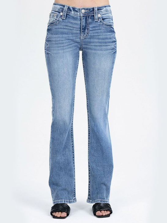 Miss Me M9684B Womens Mid Rise Bootcut Jeans Medium Blue front view. If you need any assistance with this item or the purchase of this item please call us at five six one seven four eight eight eight zero one Monday through Saturday 10:00a.m EST to 8:00 p.m EST