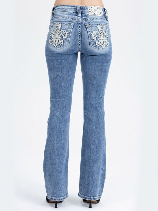 Miss Me M9684B Womens Mid Rise Bootcut Jeans Medium Blue back view. If you need any assistance with this item or the purchase of this item please call us at five six one seven four eight eight eight zero one Monday through Saturday 10:00a.m EST to 8:00 p.m EST
