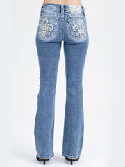 Miss Me M9684B Womens Mid Rise Bootcut Jeans Medium Blue back view. If you need any assistance with this item or the purchase of this item please call us at five six one seven four eight eight eight zero one Monday through Saturday 10:00a.m EST to 8:00 p.m EST