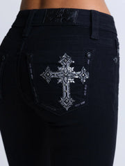 Miss Me M9711BL Womens Piper Bootcut Jeans Black back close up. If you need any assistance with this item or the purchase of this item please call us at five six one seven four eight eight eight zero one Monday through Saturday 10:00a.m EST to 8:00 p.m EST