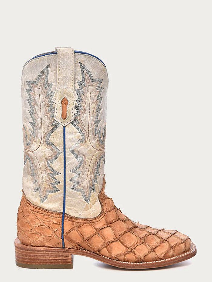 Corral A4050 Mens Pirarucu Embroidery Wide Square Toe Boot Cognac And White front and side view. If you need any assistance with this item or the purchase of this item please call us at five six one seven four eight eight eight zero one Monday through Saturday 10:00a.m EST to 8:00 p.m EST
