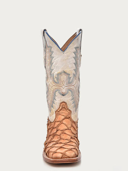 Corral A4050 Mens Pirarucu Embroidery Wide Square Toe Boot Cognac And White front view. If you need any assistance with this item or the purchase of this item please call us at five six one seven four eight eight eight zero one Monday through Saturday 10:00a.m EST to 8:00 p.m EST
