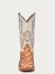 Corral A4050 Mens Pirarucu Embroidery Wide Square Toe Boot Cognac And White front view. If you need any assistance with this item or the purchase of this item please call us at five six one seven four eight eight eight zero one Monday through Saturday 10:00a.m EST to 8:00 p.m EST
