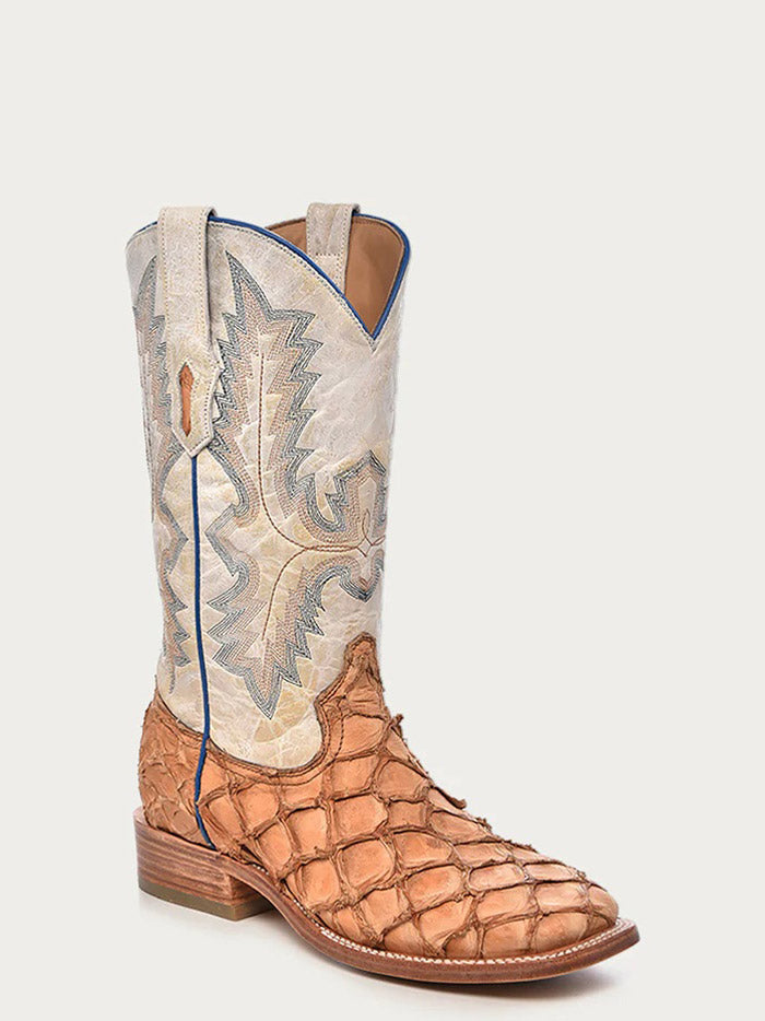 Corral A4050 Mens Pirarucu Embroidery Wide Square Toe Boot Cognac And White front and side view. If you need any assistance with this item or the purchase of this item please call us at five six one seven four eight eight eight zero one Monday through Saturday 10:00a.m EST to 8:00 p.m EST
