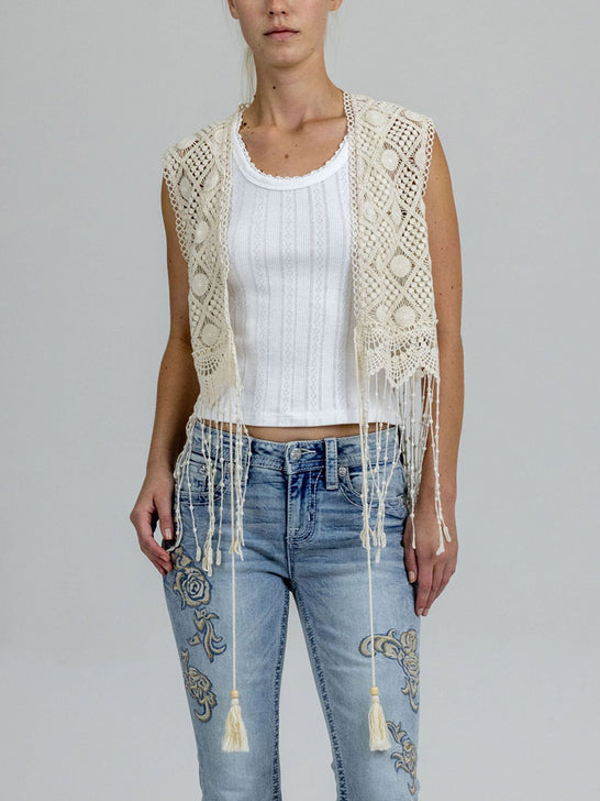 Miss Me MJ0866T Womens Crochet Crop Top Natural front view. If you need any assistance with this item or the purchase of this item please call us at five six one seven four eight eight eight zero one Monday through Saturday 10:00a.m EST to 8:00 p.m EST