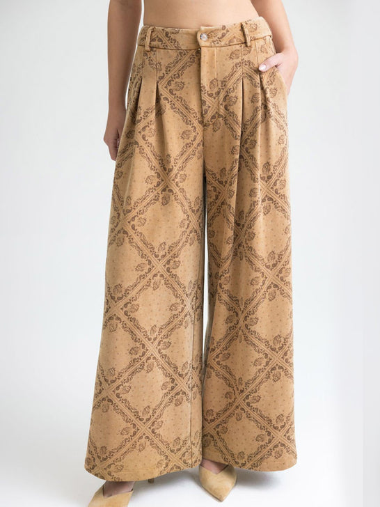 Miss Me MP0270L Womens Wide Leg Pleated Printed Pants Camel Tan front view. If you need any assistance with this item or the purchase of this item please call us at five six one seven four eight eight eight zero one Monday through Saturday 10:00a.m EST to 8:00 p.m EST
