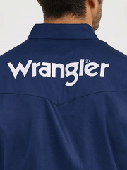 Wrangler MP2327N Mens Logo Long Sleeve Button Down Shirt Navy back close up. If you need any assistance with this item or the purchase of this item please call us at five six one seven four eight eight eight zero one Monday through Saturday 10:00a.m EST to 8:00 p.m EST