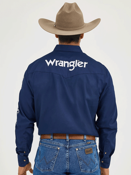 Wrangler MP2327N Mens Logo Long Sleeve Button Down Shirt Navy back view. If you need any assistance with this item or the purchase of this item please call us at five six one seven four eight eight eight zero one Monday through Saturday 10:00a.m EST to 8:00 p.m EST