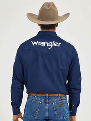 Wrangler MP2327N Mens Logo Long Sleeve Button Down Shirt Navy back view. If you need any assistance with this item or the purchase of this item please call us at five six one seven four eight eight eight zero one Monday through Saturday 10:00a.m EST to 8:00 p.m EST