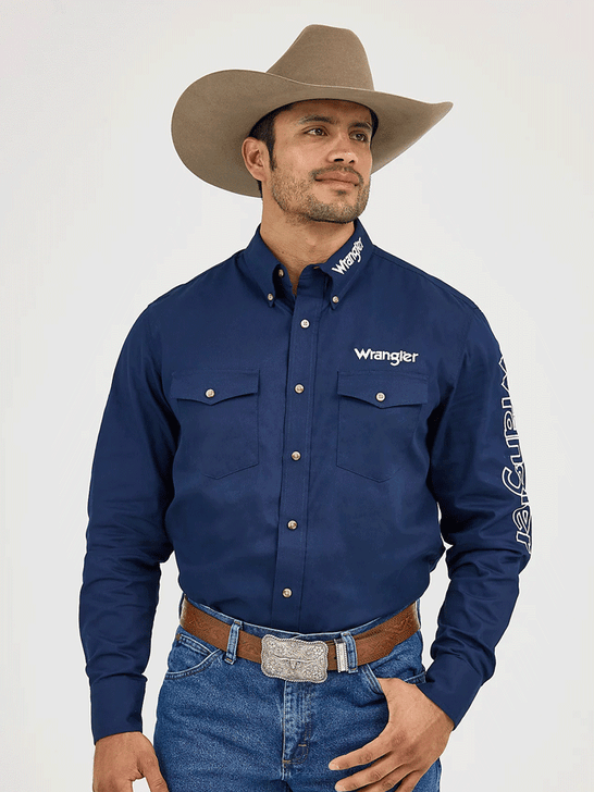 Wrangler MP2327N Mens Logo Long Sleeve Button Down Shirt Navy front view. If you need any assistance with this item or the purchase of this item please call us at five six one seven four eight eight eight zero one Monday through Saturday 10:00a.m EST to 8:00 p.m EST