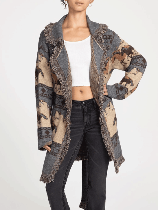 Miss Me MSW0481L Womens Patterned Jacket With Lapel Charcoal Grey front view. If you need any assistance with this item or the purchase of this item please call us at five six one seven four eight eight eight zero one Monday through Saturday 10:00a.m EST to 8:00 p.m EST