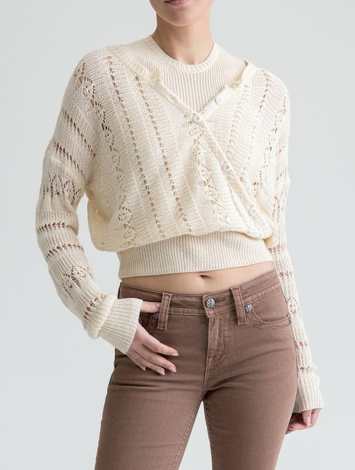 Miss Me MSW0603L Womens Asymetrical Button Cardigan Natural front view. If you need any assistance with this item or the purchase of this item please call us at five six one seven four eight eight eight zero one Monday through Saturday 10:00a.m EST to 8:00 p.m EST