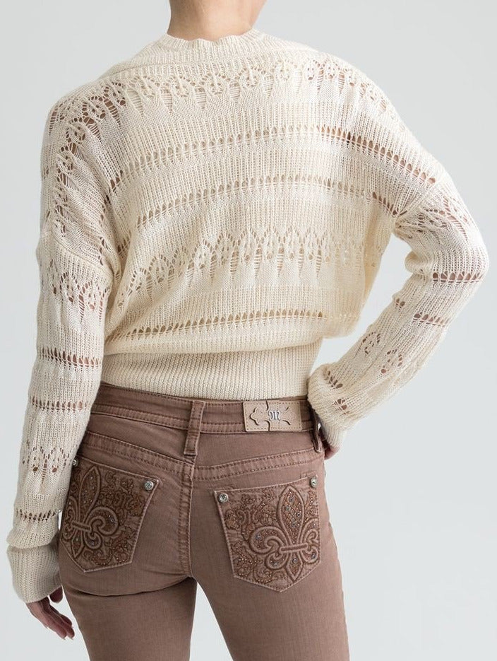 Miss Me MSW0603L Womens Asymetrical Button Cardigan Natural front view. If you need any assistance with this item or the purchase of this item please call us at five six one seven four eight eight eight zero one Monday through Saturday 10:00a.m EST to 8:00 p.m EST