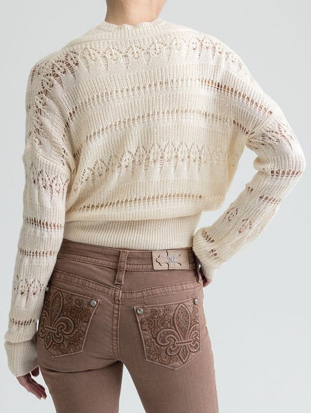 Miss Me MSW0603L Womens Asymetrical Button Cardigan Natural back view. If you need any assistance with this item or the purchase of this item please call us at five six one seven four eight eight eight zero one Monday through Saturday 10:00a.m EST to 8:00 p.m EST