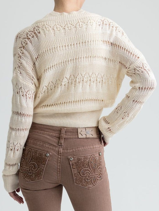 Miss Me MSW0603L Womens Asymetrical Button Cardigan Natural back view. If you need any assistance with this item or the purchase of this item please call us at five six one seven four eight eight eight zero one Monday through Saturday 10:00a.m EST to 8:00 p.m EST