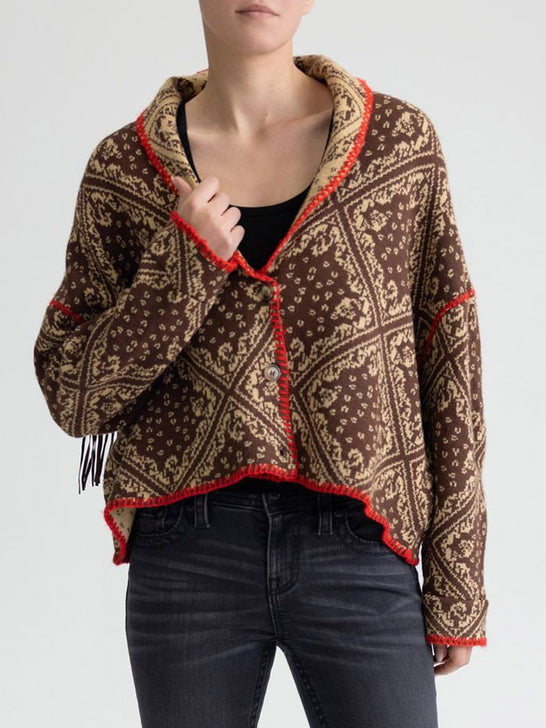 Miss Me MSW0605L Womens Paisley Print Sweater Brown front view. If you need any assistance with this item or the purchase of this item please call us at five six one seven four eight eight eight zero one Monday through Saturday 10:00a.m EST to 8:00 p.m EST
