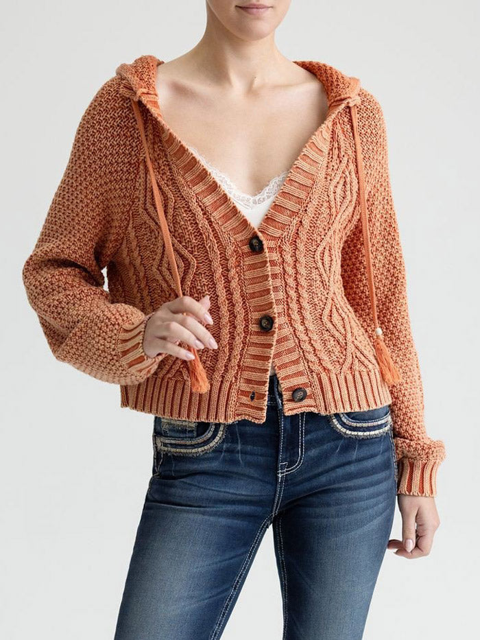 Miss Me MSW0614L Womens Cable Knit Hodded Button Up Sweater Orange front view. If you need any assistance with this item or the purchase of this item please call us at five six one seven four eight eight eight zero one Monday through Saturday 10:00a.m EST to 8:00 p.m EST
