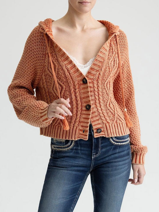 Miss Me MSW0614L Womens Cable Knit Hodded Button Up Sweater Orange front view. If you need any assistance with this item or the purchase of this item please call us at five six one seven four eight eight eight zero one Monday through Saturday 10:00a.m EST to 8:00 p.m EST
