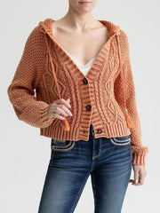 Miss Me MSW0614L Womens Cable Knit Hodded Button Up Sweater Orange front view. If you need any assistance with this item or the purchase of this item please call us at five six one seven four eight eight eight zero one Monday through Saturday 10:00a.m EST to 8:00 p.m EST
