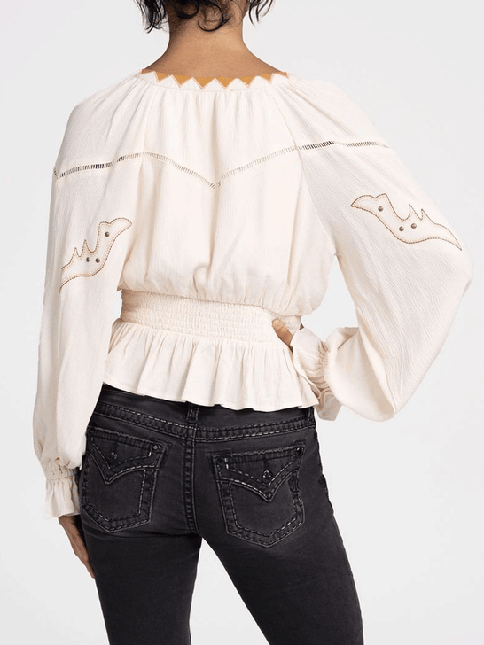 Miss Me MT3221L Womens Puff Sleeve Top Beige back view.If you need any assistance with this item or the purchase of this item please call us at five six one seven four eight eight eight zero one Monday through Saturday 10:00a.m EST to 8:00 p.m EST