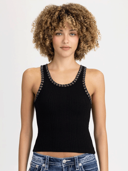 Miss Me MT3279T-BLK Womens Sparkly Sarai Knit Tank Black front view. If you need any assistance with this item or the purchase of this item please call us at five six one seven four eight eight eight zero one Monday through Saturday 10:00a.m EST to 8:00 p.m EST
